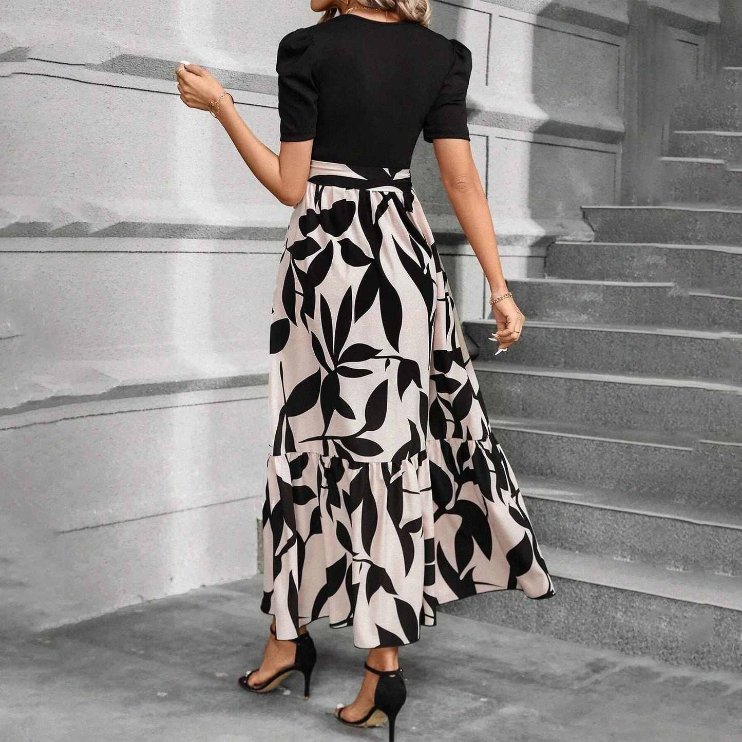 Elegant Women'S Dresses Floral Print High Waist Long Dresses Y2k Short Sleeved Round Neck Office Clothing Vestidos Para Mujer