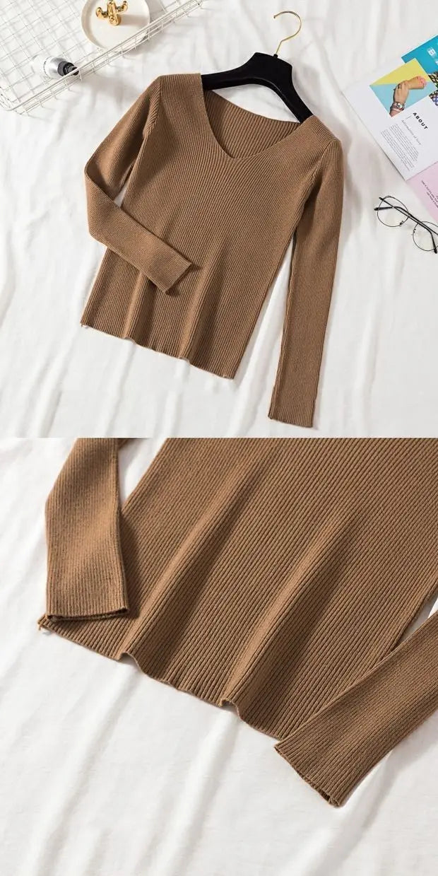 Women Sweater 2026 New Autumn Winter Long Sleeve Pullover Basic Top Fashion V-neck Elastic Female Winter Solid Knitted Jumper