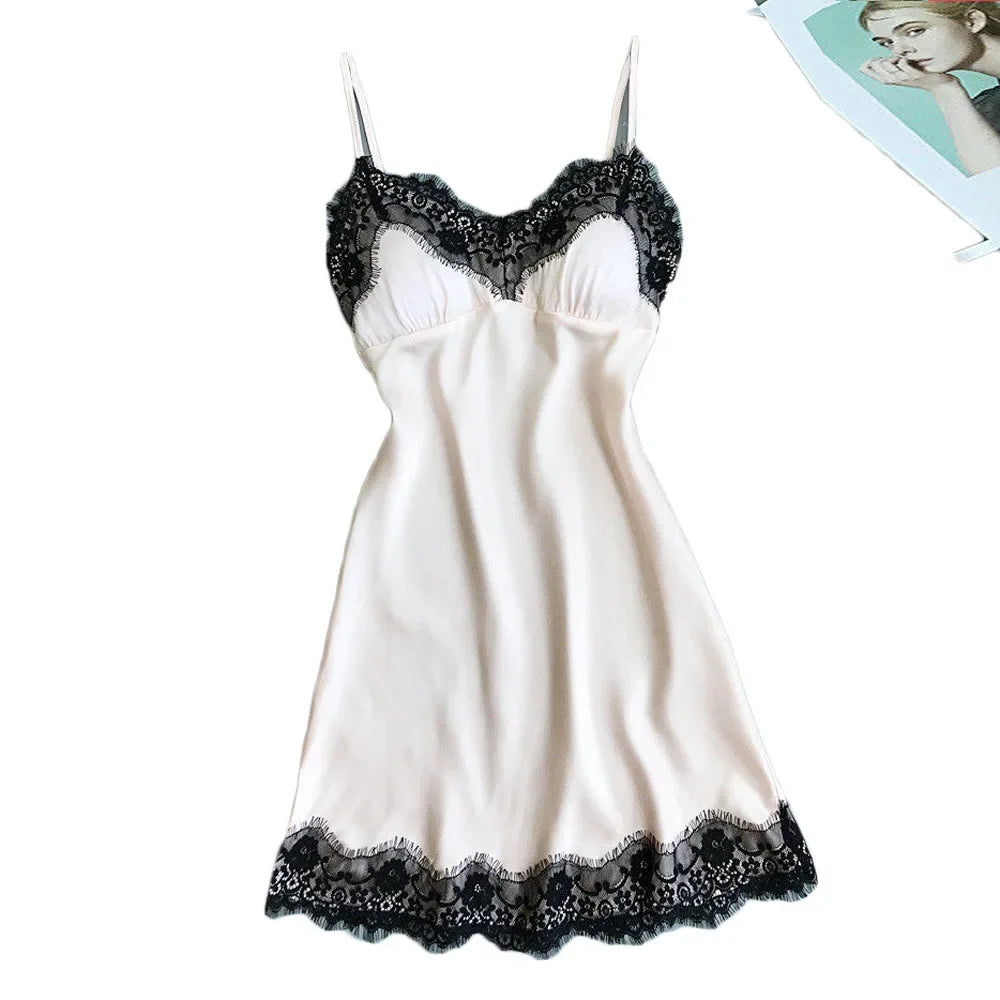 Ladies Sexy Silk Satin Night Dress Sleeveless Nighties V-neck Nightgown Nightdress Lace Sleepwear Nightwear for Women S-3XL