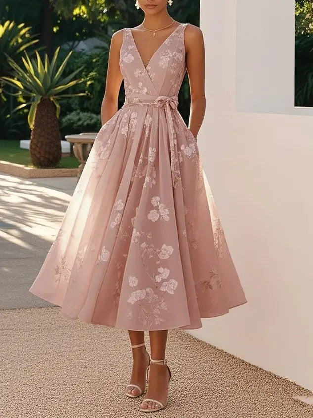 Stylish Temperament Printed Dress Elegant V-neck Mesh Sleeveless Waist Cinched Bow Dress Summer Women Long Dress Formal Dress