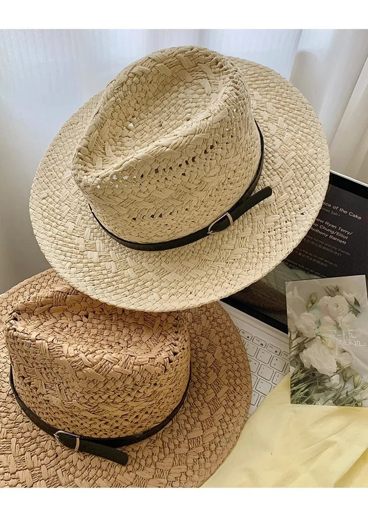 Straw Western Cowboy Hat for Women Men Classic Vintage Hollow Out Unisex Curled Wide Brim Sun Hat Fishing Hat Climbing Cap