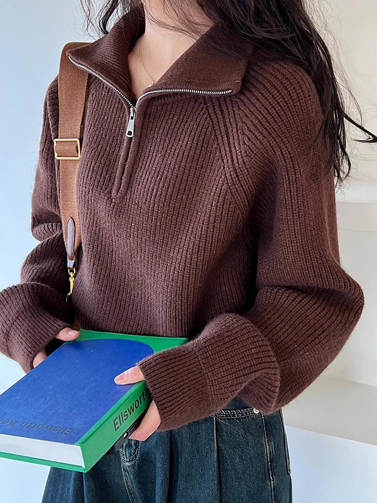 Sweater Pullover Women Autumn Winter 2025 New Zipper Underlay Loose Short Style Popular Premium Sweater Female Tops