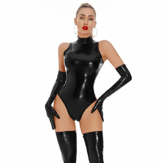 Sexy Women Wetlook High Cut Bodysuit Cosplay Shiny Maid Tight PU Faux Leather Elastic Club Dance Leotard Sexy Lingerie Costume
