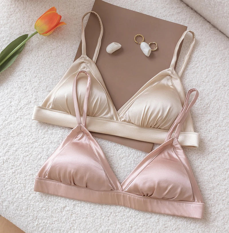Bralettes for Women 93.8% Mulberry Silk Bra Wireless Wire Free No Underwire Sleep Padded Sexy Triangle V Neck Everyday Bra