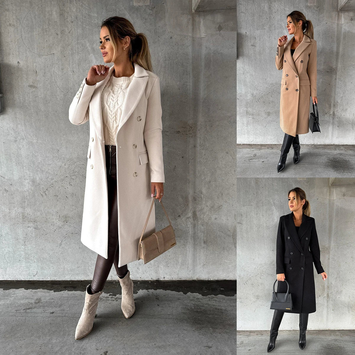 Women Double Breasted Woolen Outerwear Solid Color Long Overcoat Commuter Style Turndown Collar Lady Outerwear for Autumn Winter