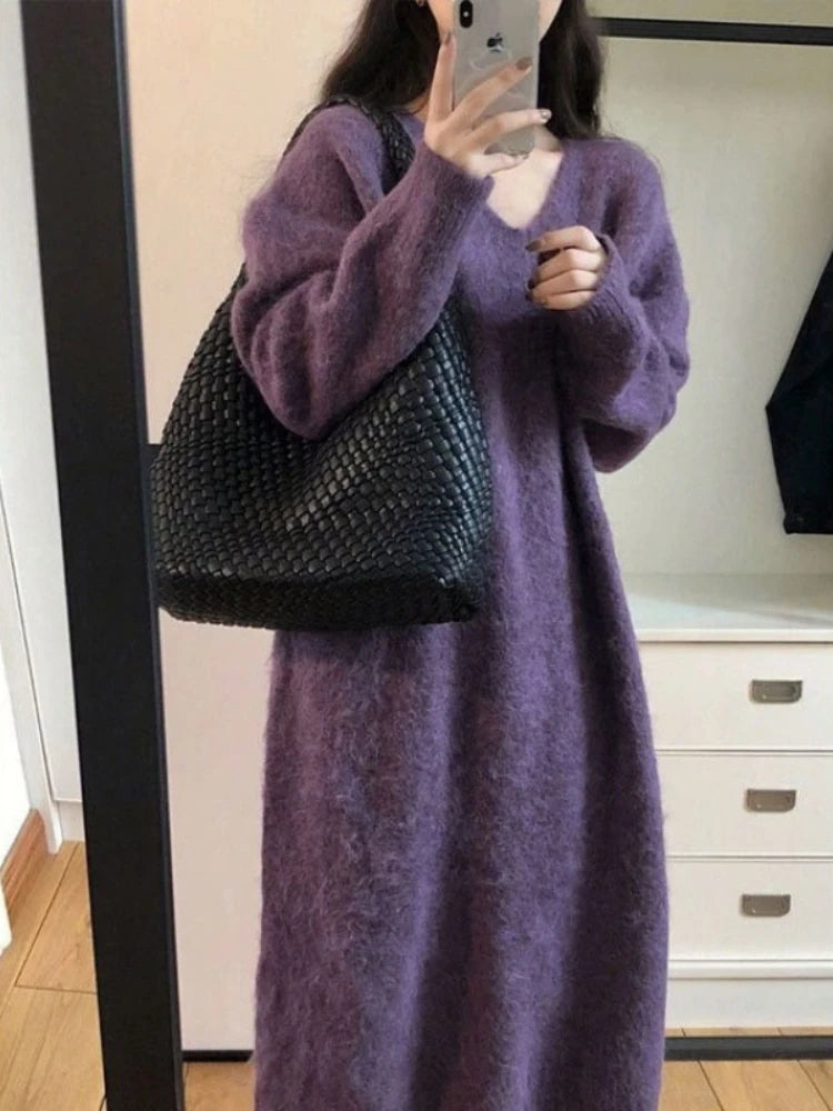 Sweater for Woman Autumn Winter Lazy Style V Neck Knitted Dresses Korean Fashion Casual Loose Thickened Warmth Sweaters Dress