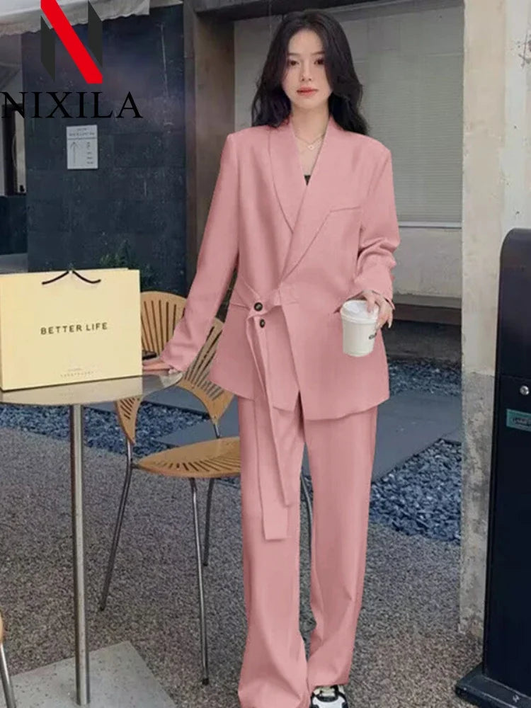 Women's Fashion Office Suit Set Casual Oversized Blazer And Wide Leg Pants Two-Piece Long Sleeve Top Bottoms Combo