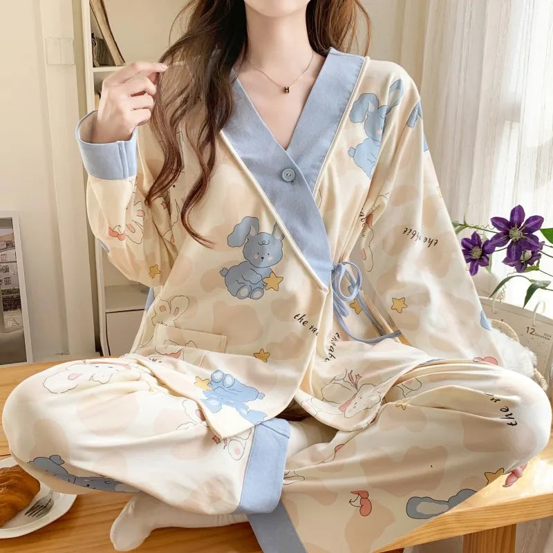Menstrual Wear Spring, Fall and Summer Thin Postpartum Sweat Absorbent Maternity Pajamas Adjustable Breastfeeding Home Wear
