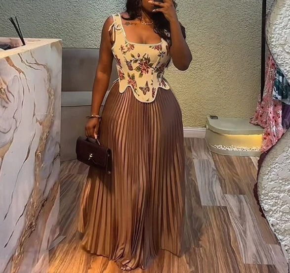 Elegant Party Dresses Woman Sexy New Sweet and Fresh Printed Waist Collection Tank Top High Waist Pleated Skirt Two Piece Set