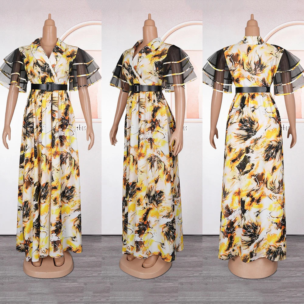 Elegant Printed Dresses for Woman V Neck Ruffles Sleeve Belt Waisted Ankle Length Luxury Birthday Party Dinner Vestidos Mujer