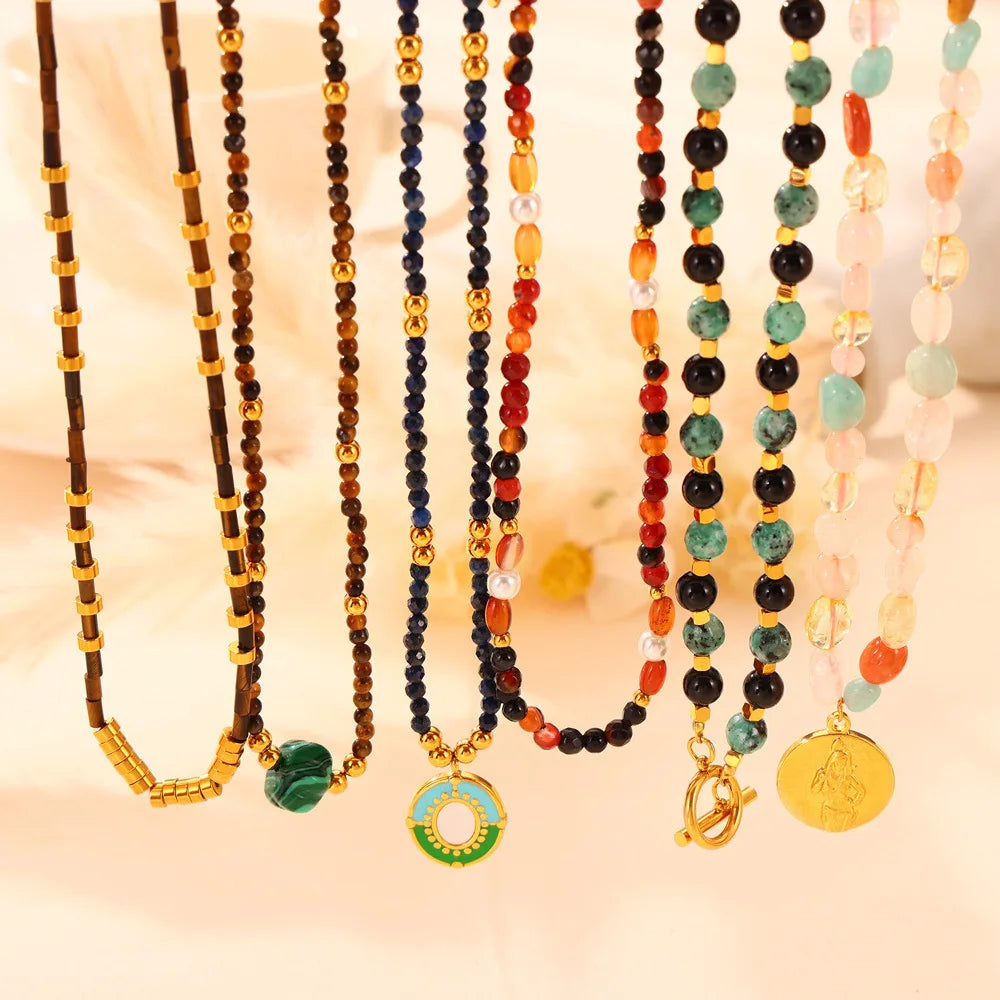 Necklace Set For Women Portrait Stainless Steel Colorful Nature Pearl Chain Beaded Luxury Jewelry Party Wedding Gift