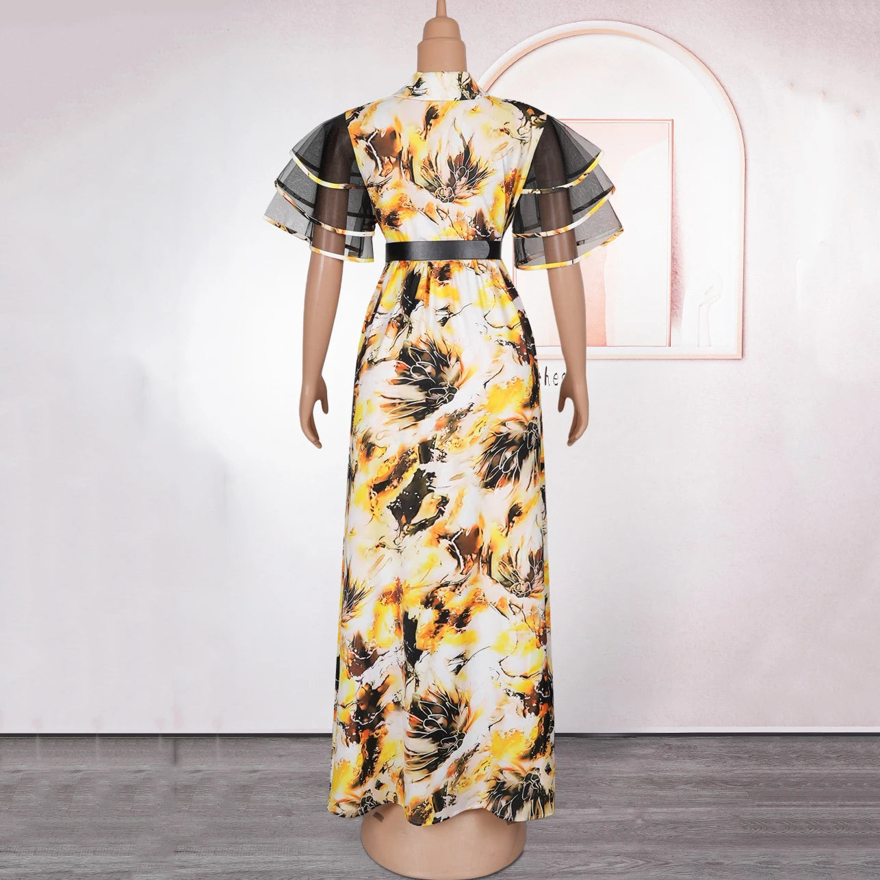 Elegant Printed Dresses for Woman V Neck Ruffles Sleeve Belt Waisted Ankle Length Luxury Birthday Party Dinner Vestidos Mujer