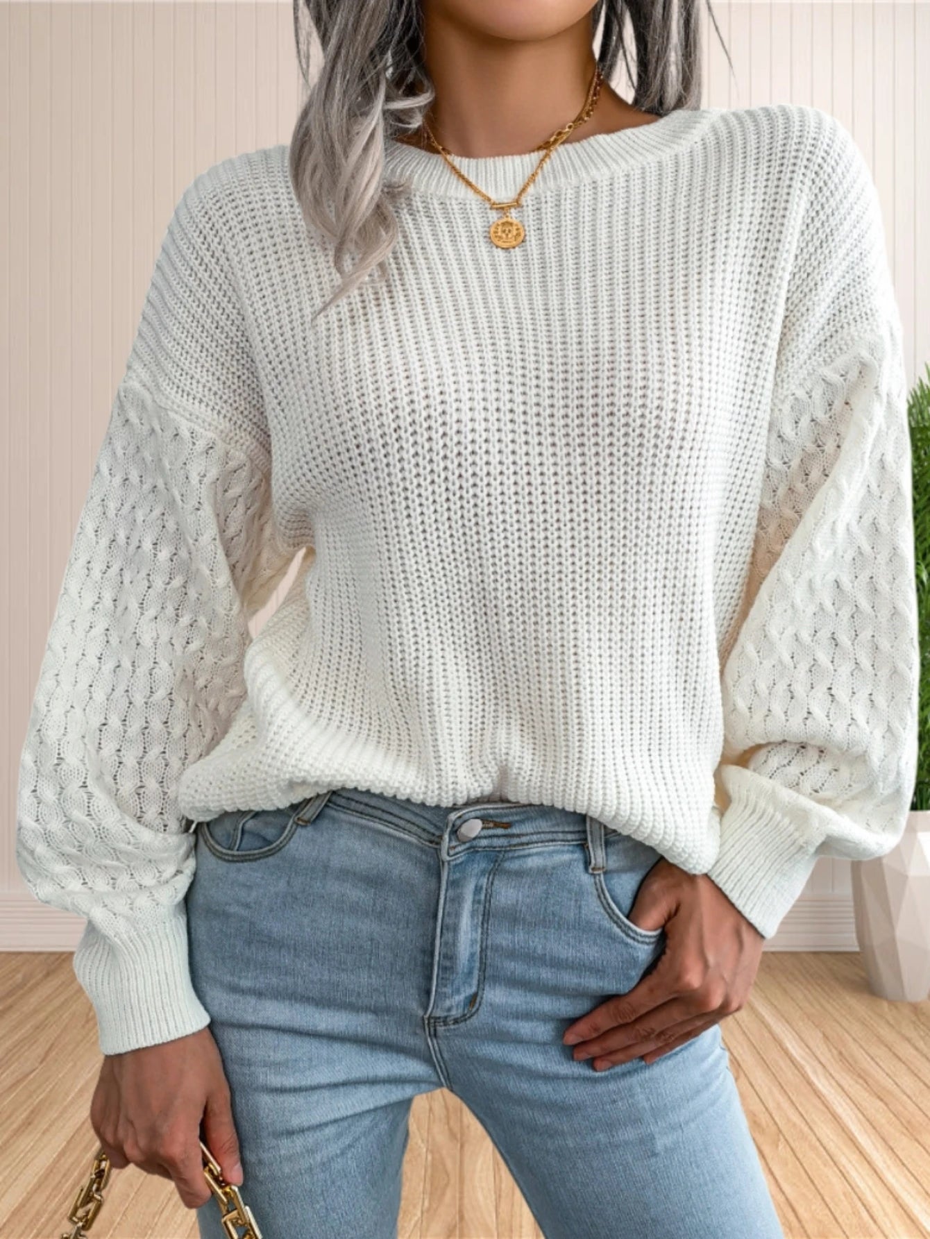 Sweater for Women Cable Knit Crew Neck Long Sleeves Fashion Casual Pullover Sweater Tops