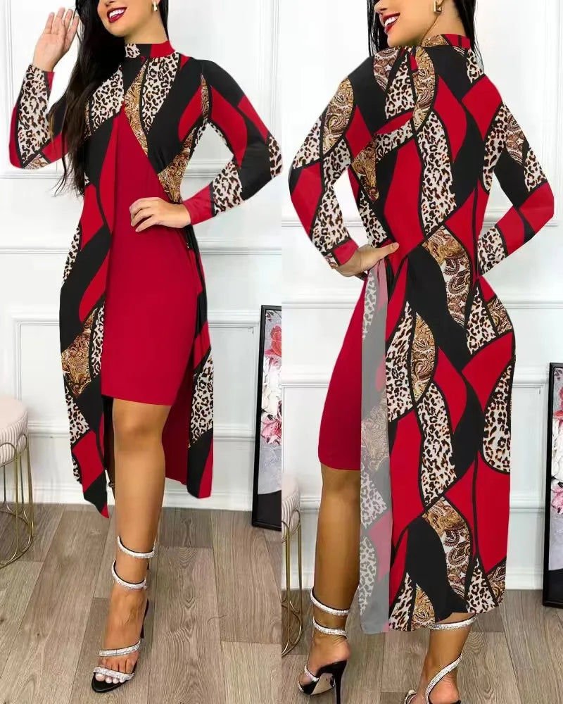 Two Piece Set Women Print Dresses Sets Full Sleeve Half High Collar Split Cardigan Dress Suits Elegant A Line Office Lady Y2k