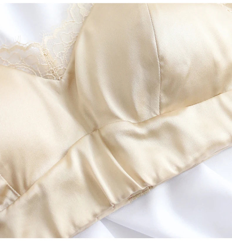 Women Silk Bras 93.8% Mulberry Silk 6.2 Spandex Lace Satin Surface Wire Free Wireless Bra Bralette Everyday Wear TA018