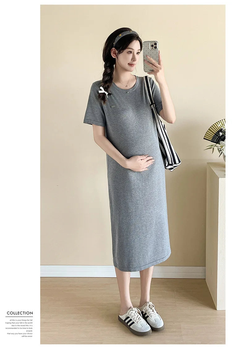 Maternity Dress: Back-Cutout Knit &Lace Maxi - Sophisticated Pregnancy Gown with Designer Details for Fashionable Expecting Moms