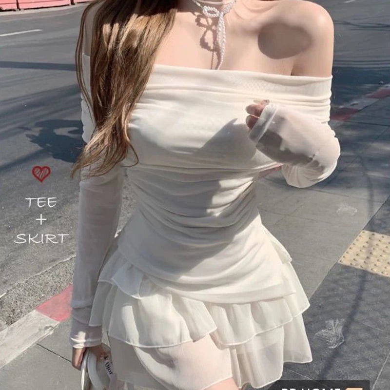 Skirts Sets Women Summer Slim Solid Irregular Skew Collar Ladies Long Sleeve T Shirt Fashion Chic Sweet Ruffles Ball Gown New
