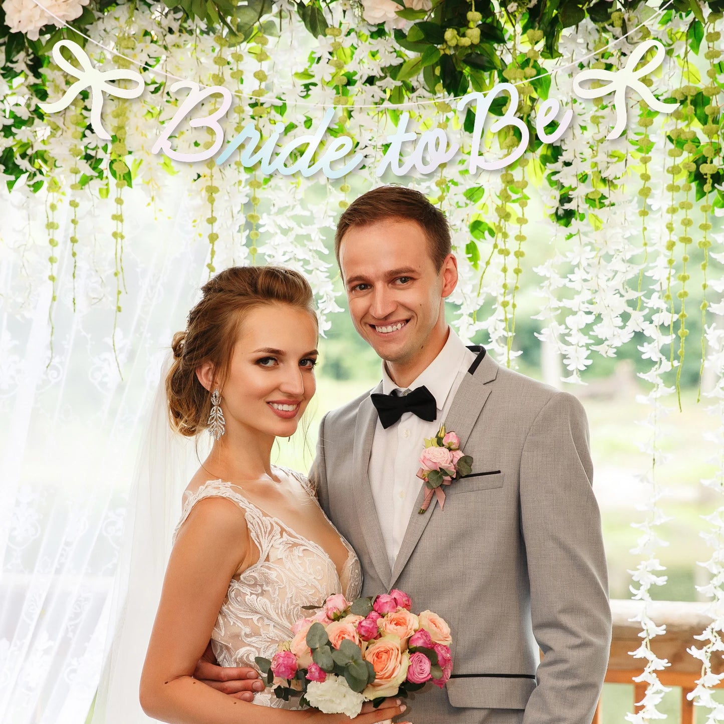 Bride to Be Bow Banner Iridescent Foil Pink Glitter Bachelorette Party Decoration, Tying the Knot Bride Bach Decor, Bridesmaid