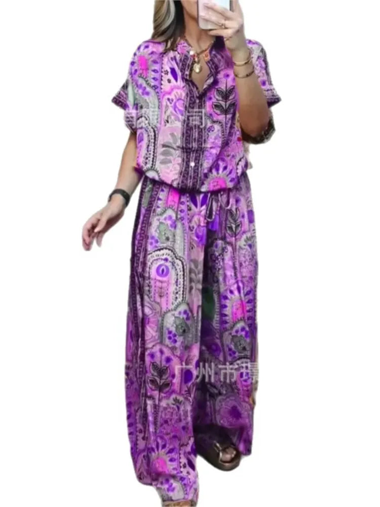 Woman 2 Piece Set Outfit New Summer Fashion Casual Loose Printed Short-sleeved Top + Wide-leg Trousers Two-piece Suit For Women