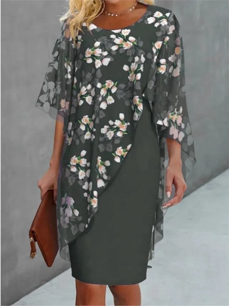 Elegant O-neck Half-sleeved 2-piece Dress For Women Autumn Fashion Irregular Suit Flower Printing Loose Dresses Female