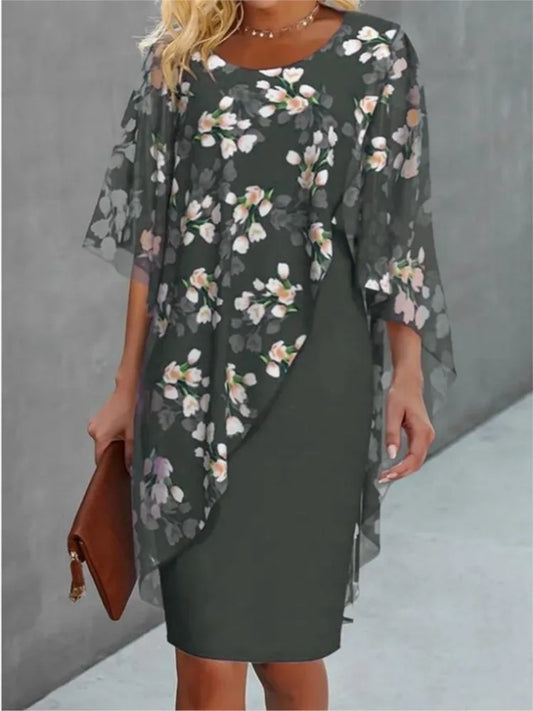 Elegant O-neck Half-sleeved 2-piece Dress For Women Autumn Fashion Irregular Suit Flower Printing Loose Dresses Female