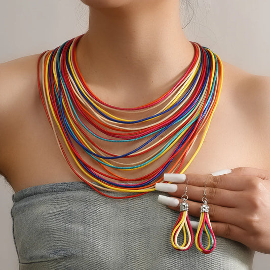Jewelry Sets for Women, Multi-layer Wax Thread Hand-woven Necklace, Fashion and Personality Choker + Dangle Earrings