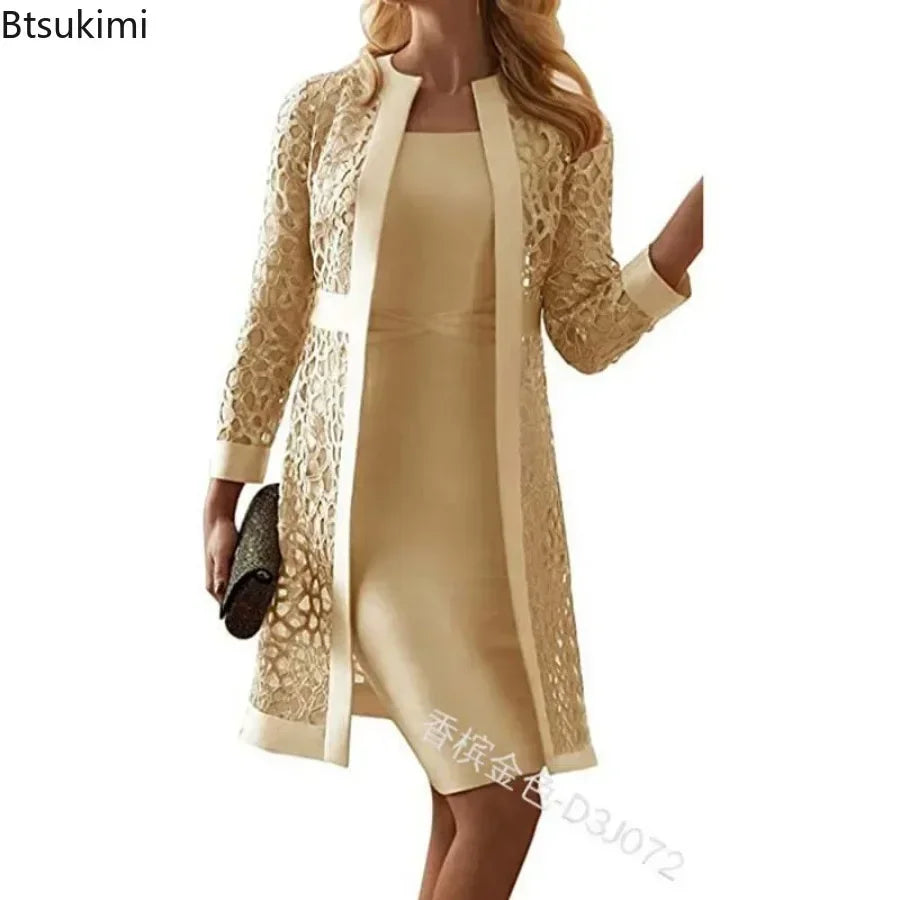 2025 Women's Dress Suit Sets Elegant Two Piece Set Outfits Solid Lace Cardigan Long Sleeve Office Party Knee-length Dress Set