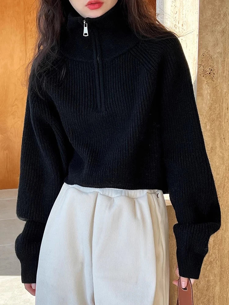Sweater Pullover Women Autumn Winter 2025 New Zipper Underlay Loose Short Style Popular Premium Sweater Female Tops