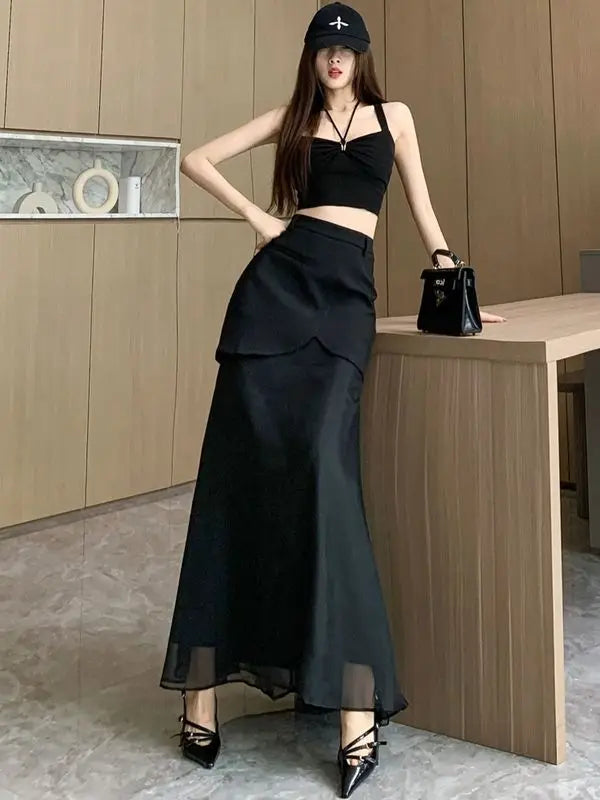 Fashion Skirts for Women All-match Black Cool Girls Summer High Waist Casual Ankle-length Loose A-line Patchwork New Fake 2 Pcs