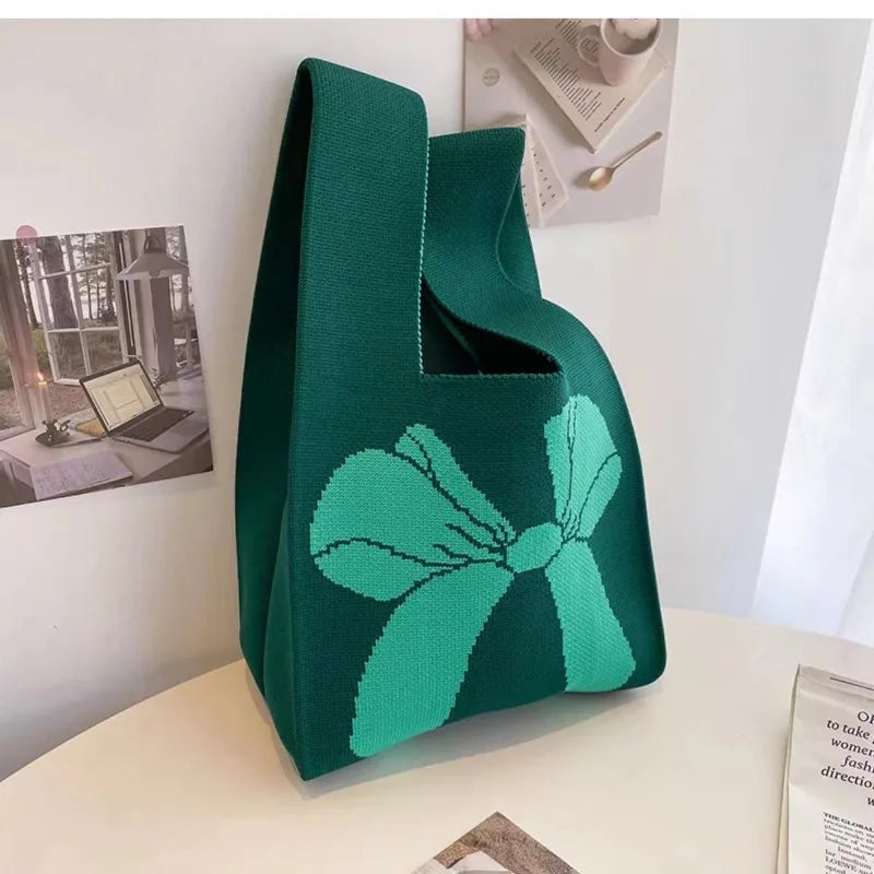 Women's Bow Handbags Women's Knitted Handbags Versatile Wrist Bags Tote Bags Top-Handle Bags Mini Striped Tote Bucket Phone Bag