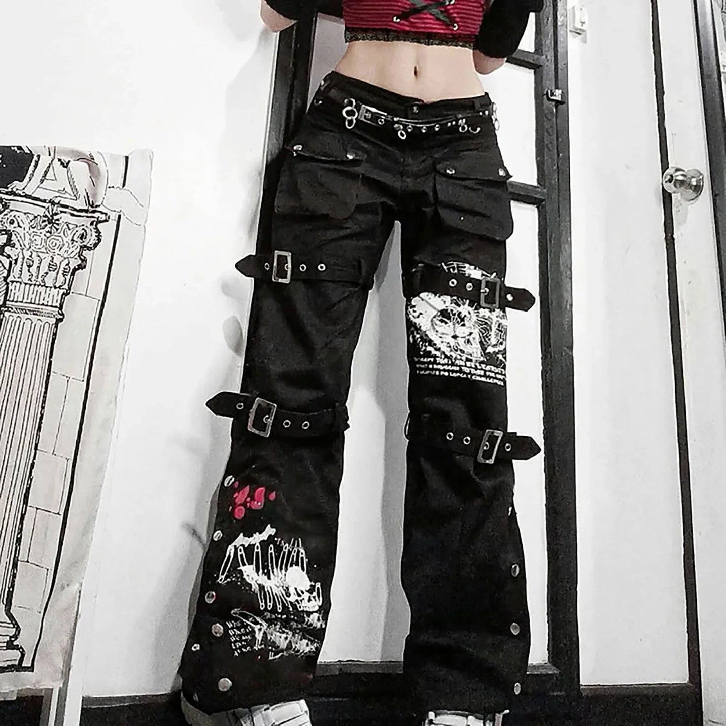 Women'S Trousers Low-Rise Gothic Jeans Street Washed Print Style Cool Loop Pants Retro Hip Hop Wide-Leg Pants Fashion