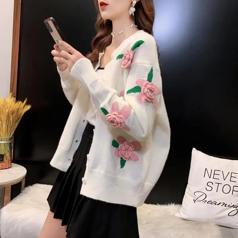 Sweater Female 2023 Spring and Autumn Knitwear Women Heavy Industry Rose Blossom Embroidery Contrast Sweater Coat Cardigan