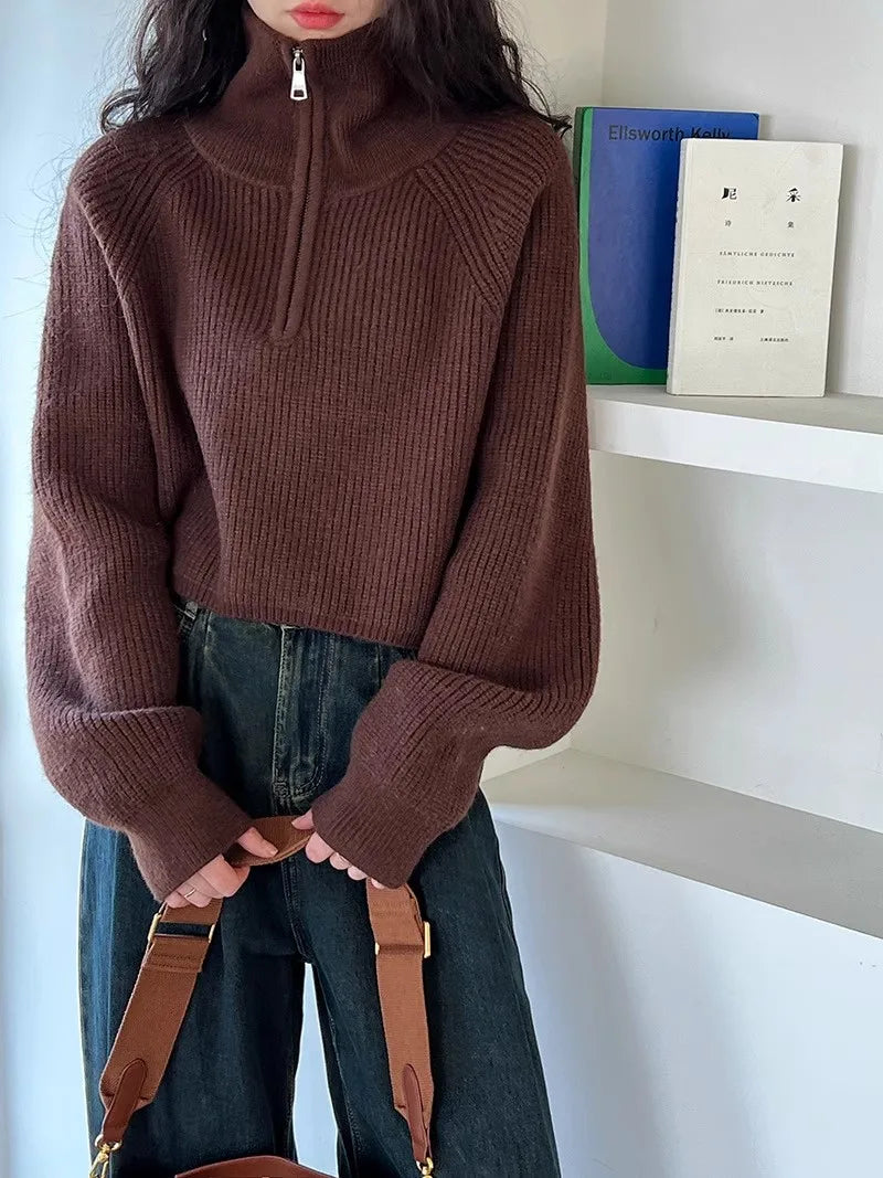 Sweater Pullover Women Autumn Winter 2025 New Zipper Underlay Loose Short Style Popular Premium Sweater Female Tops