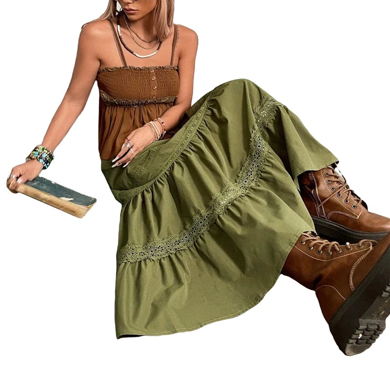 Skirts For Woman Green Pleated Skirts Korean Fashion Holiday Boho Waist Long Skirts Retro Y2K Fairycore Cute Lace Trim Clothes