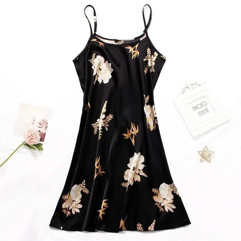 Women Nightwear Home Clothes Sexy Black Floral Printing Nightdress Sleepwear Nightshirts Silk Sleepshirts Nightgowns For Woman