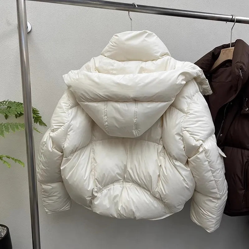 Down Jacket for Women Winter 90 White Duck Hooded Warm Down Coats Casual Loose Short Thick New Fashion Lightweight Puffy Jacket