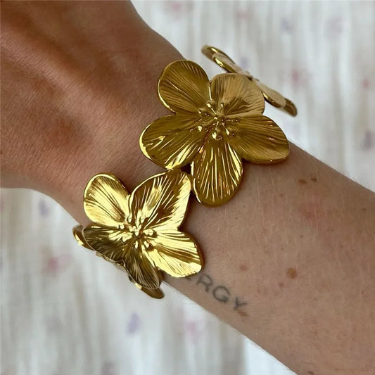 Bohemian Flower Bangles For Women Stainless Steel Wide Bracelet Chunky Flora Cuff Bangle Couple Jewelry Valentine's Day Gifts