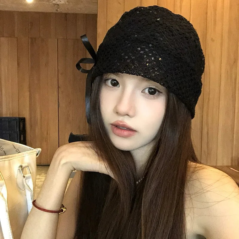 Women's Hat Hollow Bow Solid Color Simple Versatile Fashionable Personalized Pile Caps Elastic Sweet Elegant Lace Y2k Hats Girl