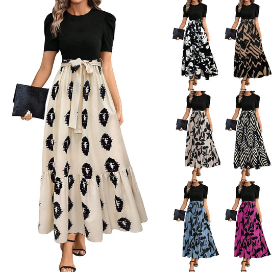 Elegant Women'S Dresses Floral Print High Waist Long Dresses Y2k Short Sleeved Round Neck Office Clothing Vestidos Para Mujer