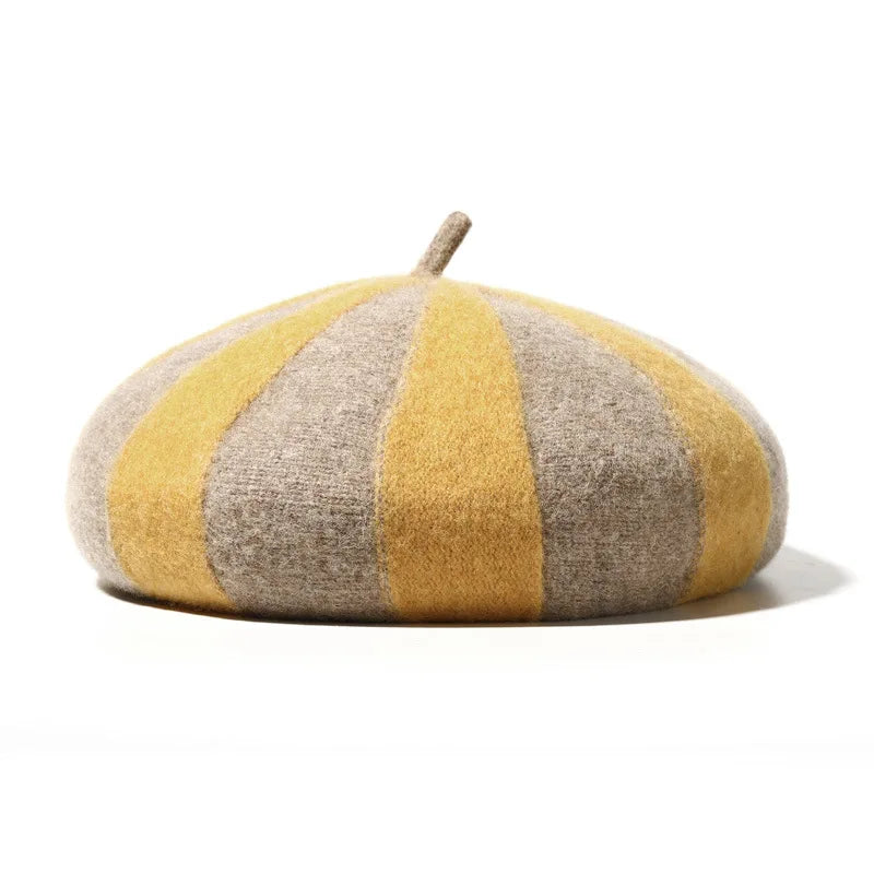 Women's Hat 100% Wool Beret Knitted Tweed Contrast Stripe Japanese Painter British Retro Autumn Winter Hats