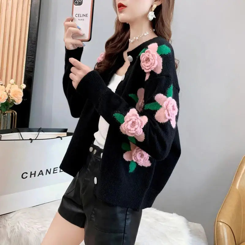 Sweater Female 2023 Spring and Autumn Knitwear Women Heavy Industry Rose Blossom Embroidery Contrast Sweater Coat Cardigan