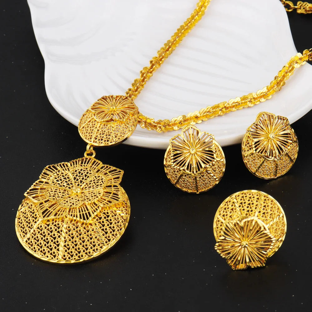 Nigerian Jewelery Set Wedding Jewelry For Women Dubai Gold Color Warped Geometry Necklace Earrings Bridal Wedding Party Gift