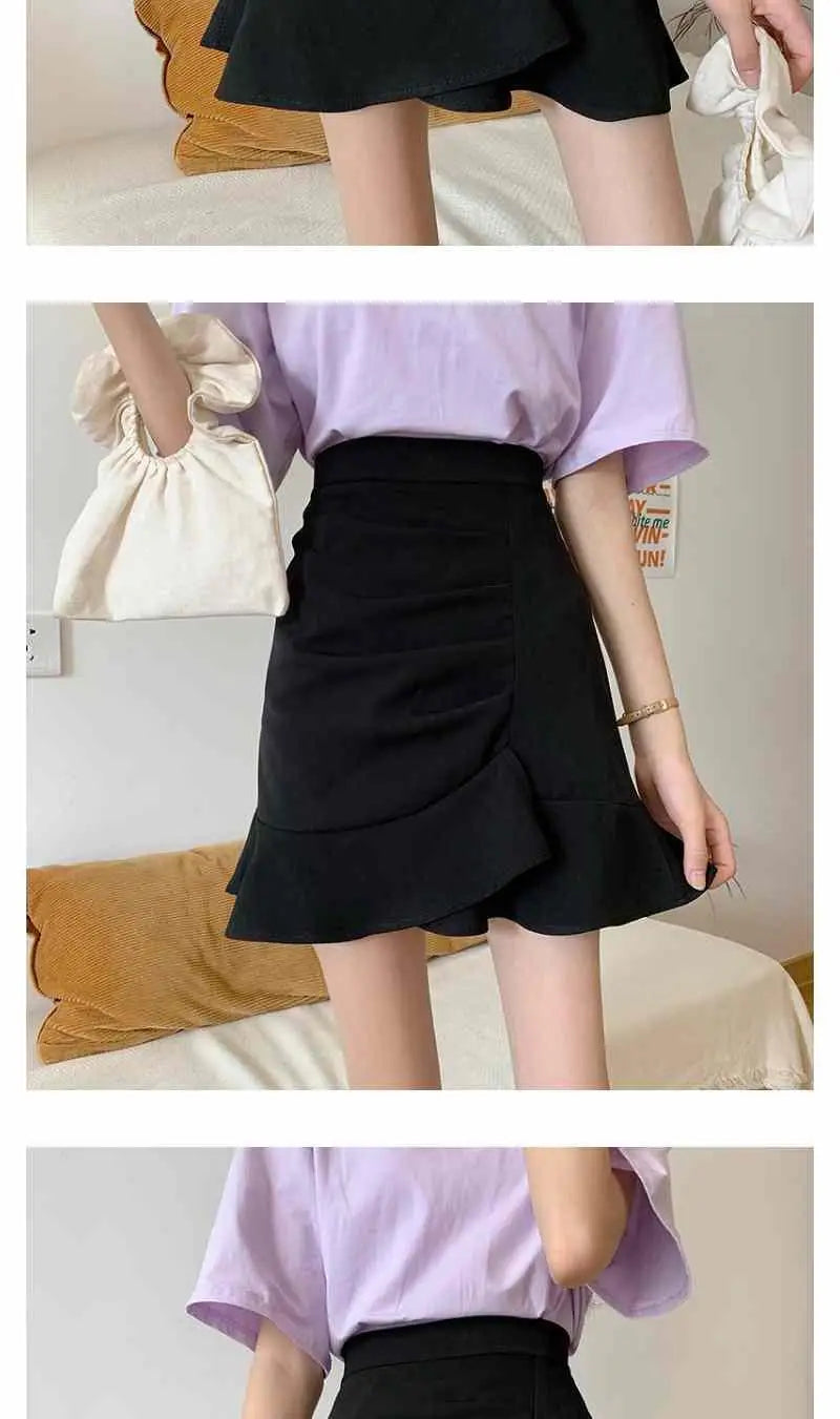 Irregular High Waist Skirts for Female Summer New Korean Fashion All-match Bag Hip A-Line Solid Color Ruffles Spliced Mini Skirt