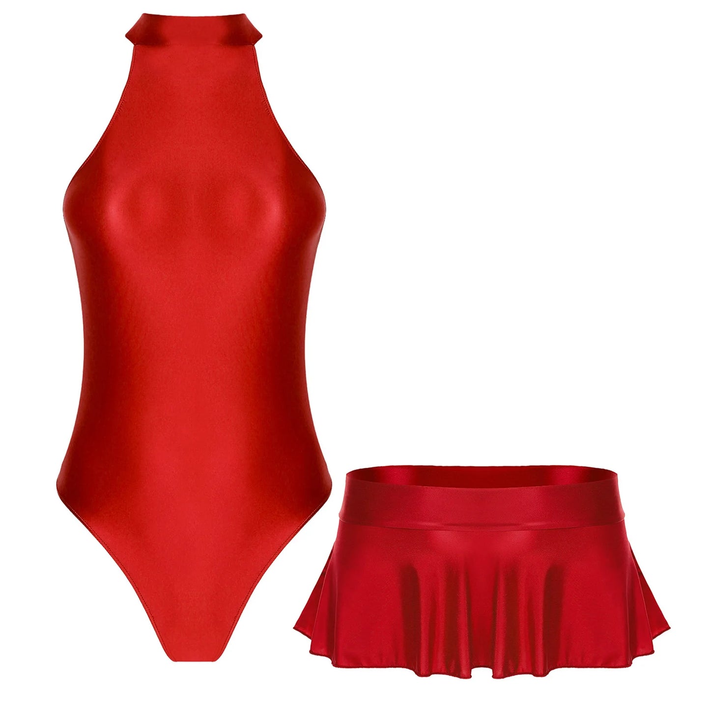 Women Glossy Bodysuit Swimsuit Set Elastic Sleeveless High Cut Leotard with Ruffled Mini Skirt Swimming Bathing Suit Swimwear