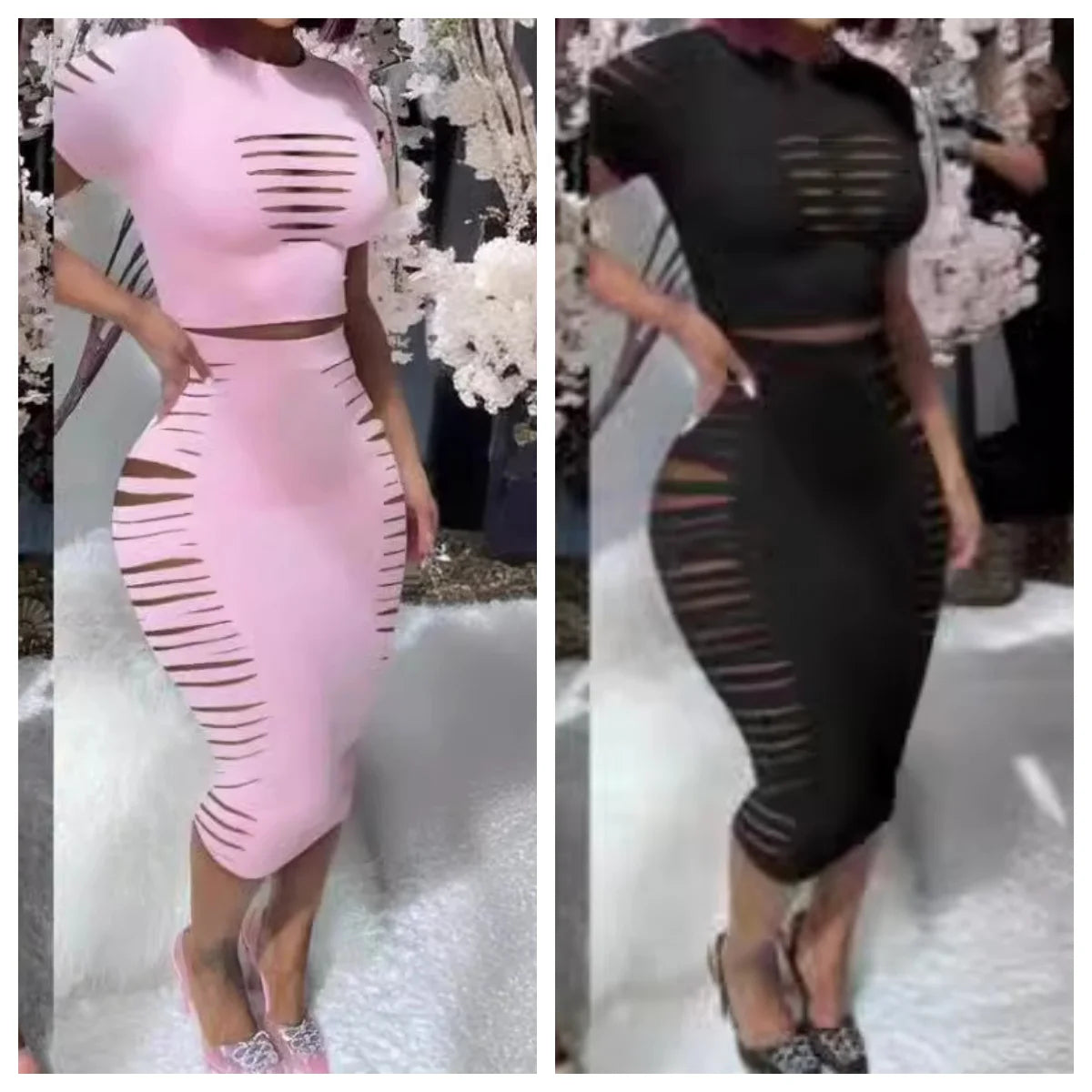 Womens Two Piece Sets Elegant Sexy Outfit Short Sleeve Top & High Waist Skirt Set New Fashion Summer Casual Female Suit