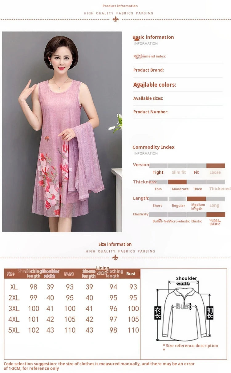 Elegant Dresses Women NEW Summer Casual Retro Temperament printing two Piece Set Dress Mother Dress plus Size