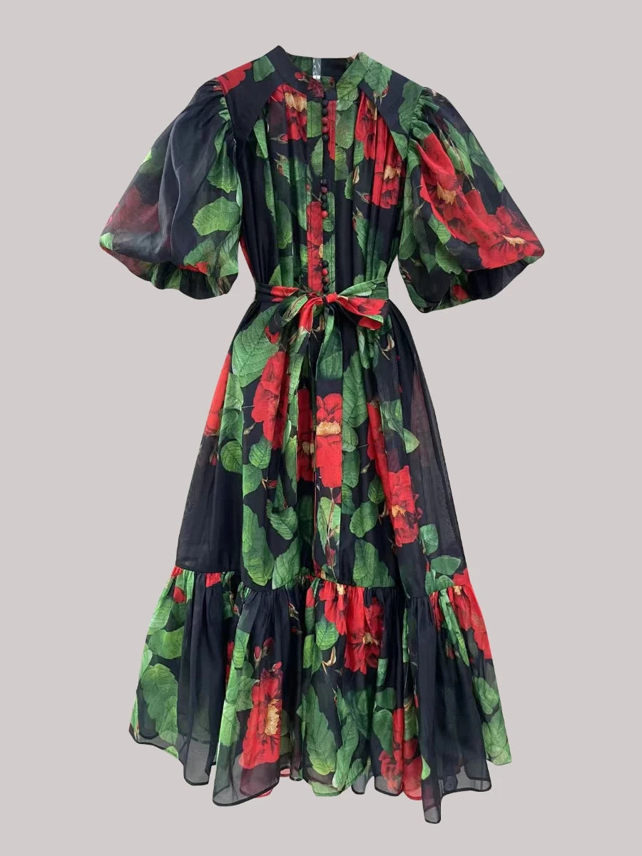 TWOTWINSTYLE Hit Color Spliced Printing Midi Dresses for Women Round Neck Short Sleeves Patchwork Lace Up Elegant Dress Female