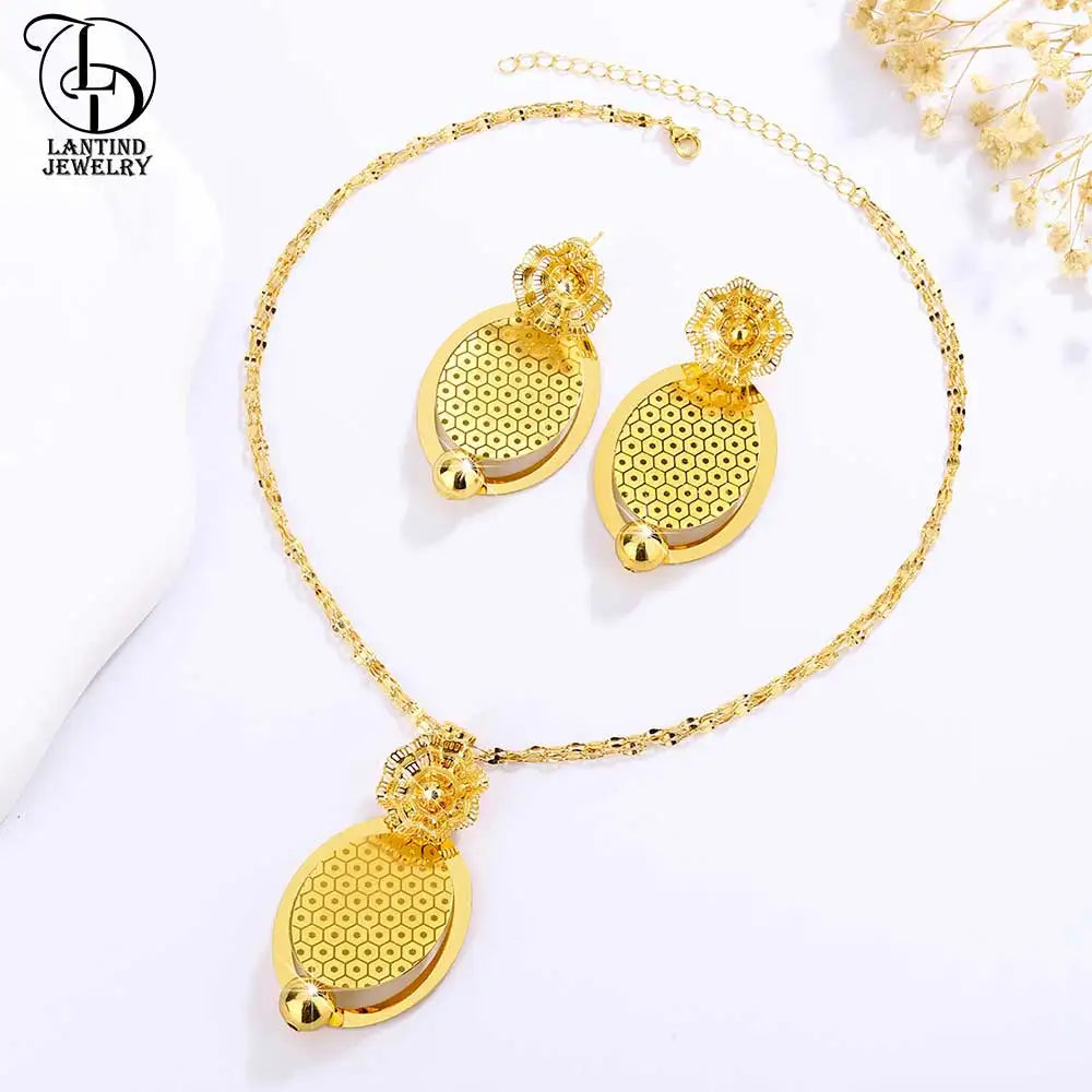 As00049 Dubai Jewelry 24K Gold-Plated Geometric Oval Mesh Pattern Necklace Round Ball Middle Eastern Elegant Ladies Flower Earrings Fashionable Two-Piece Wedding Set