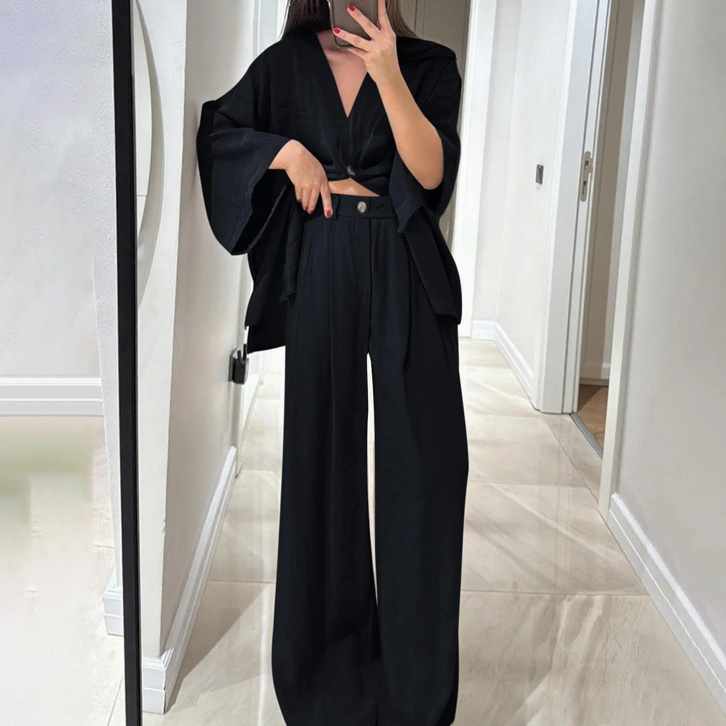 Two Piece Outfits For Women V Neck Button Down Shirt Top And Wide Leg Pants Set Loose Sweatsuits Conjunto Dos Piezas Mujer