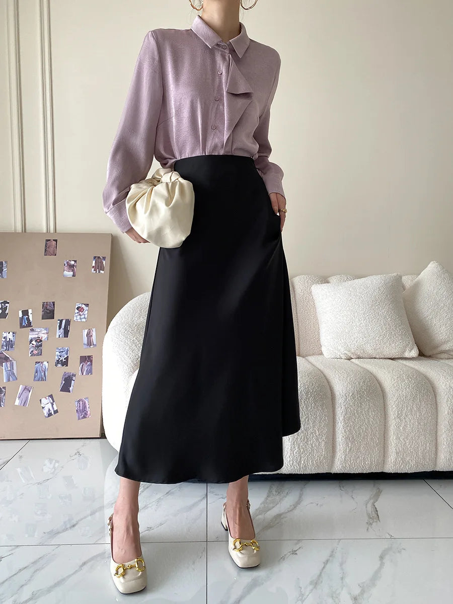 Elegant Skirts for Women Satin High Waisted 2025 New Slim Fit Long Skirt Fashion Temperament Simple Versatile Grey Black Skirts